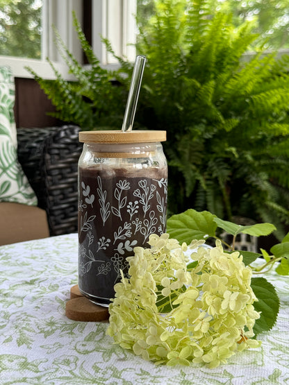 White Flowers Glass Cup