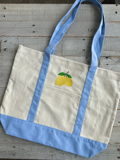 Lemons Embroidered Canvas Tote Bag