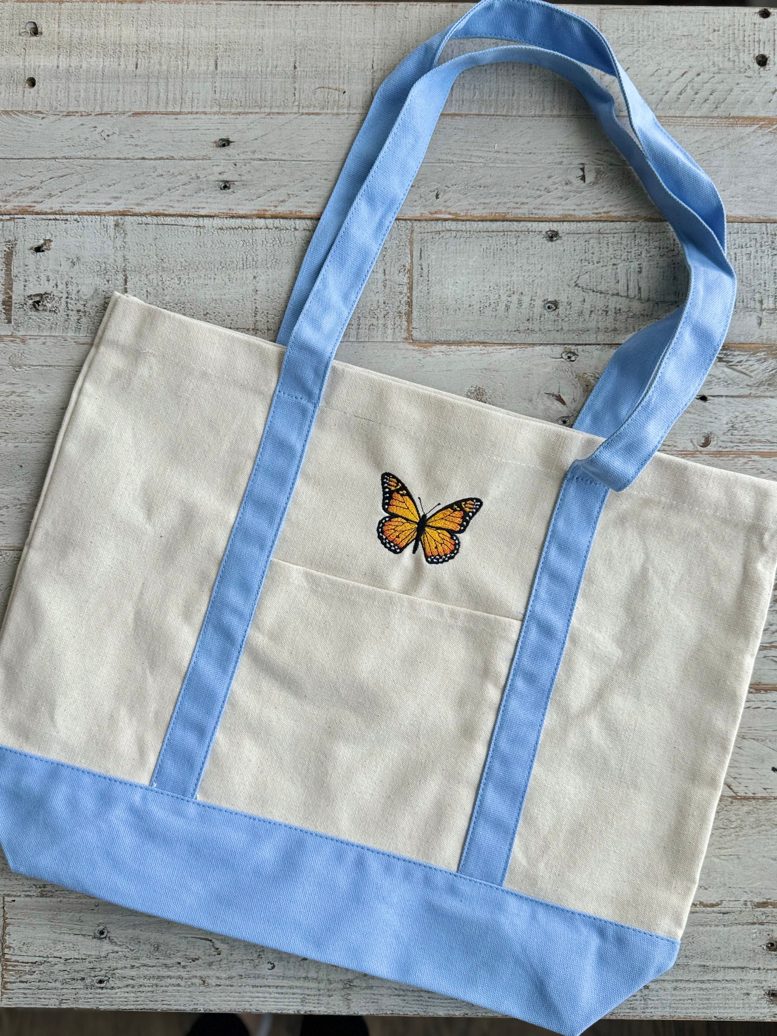 Monarch Butterfly Embroidered Canvas Tote Bag