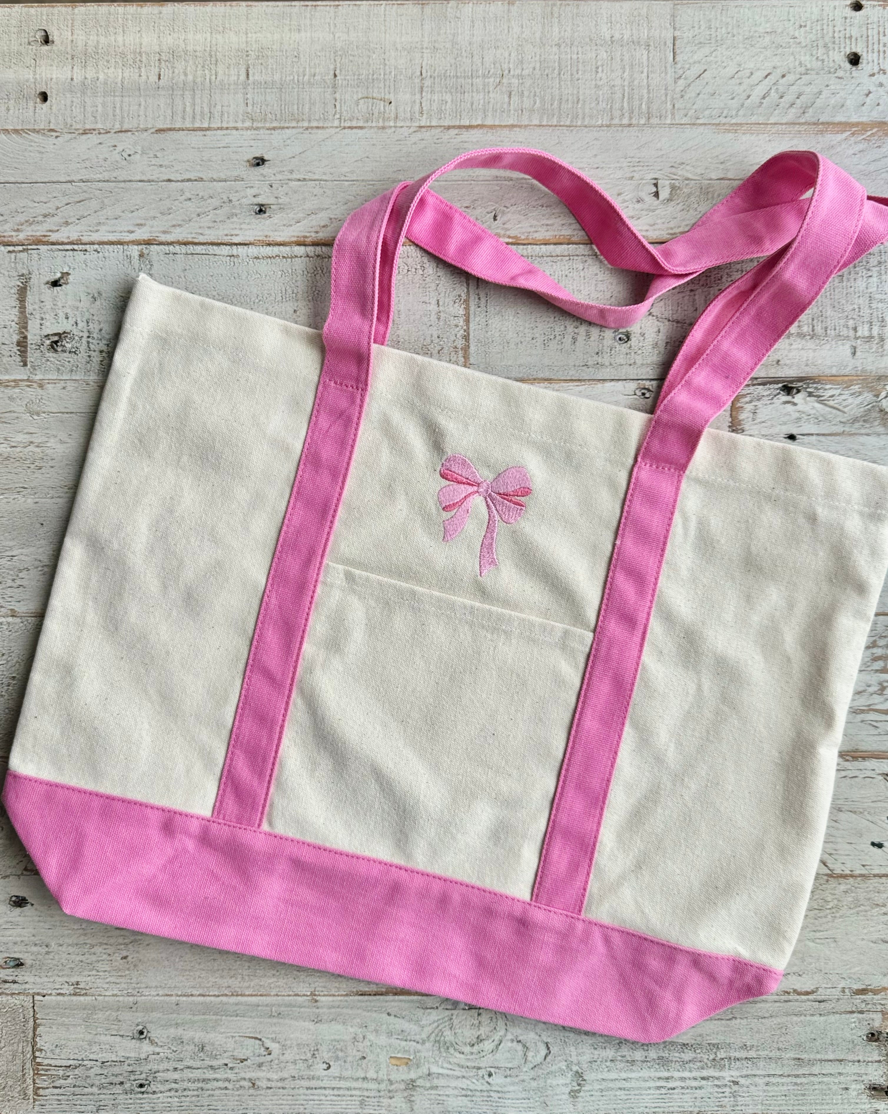 Pink Bow Embroidered Canvas Tote Bag