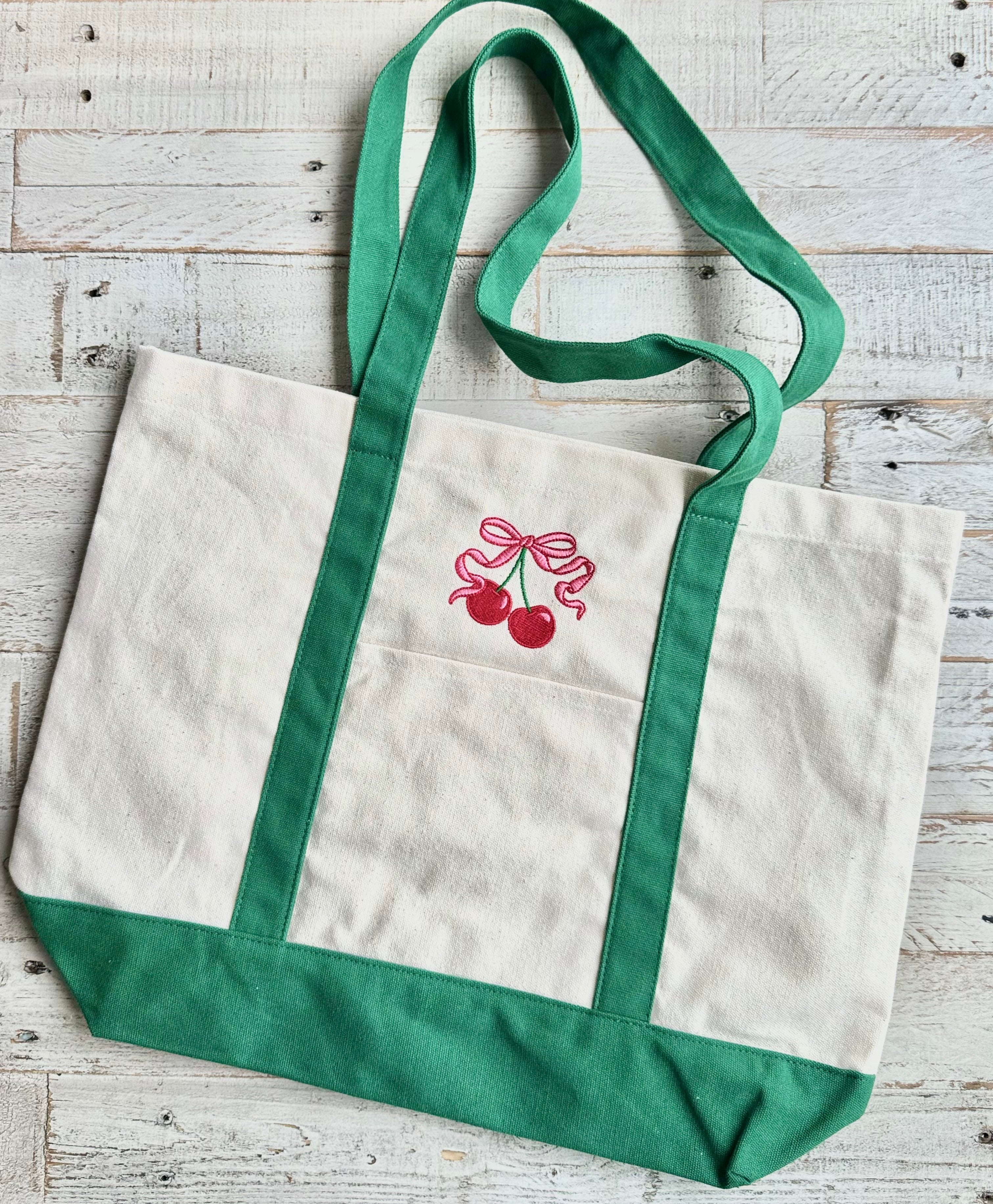 Cherry Bow Embroidered Canvas Tote Bag